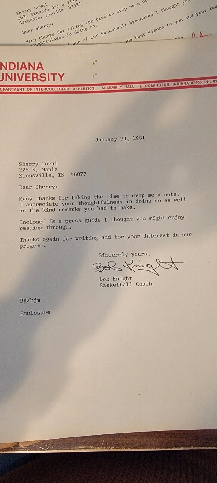 MAKE OFFER  Signed Letters from Bobby Knight- envelopes & signed programs
