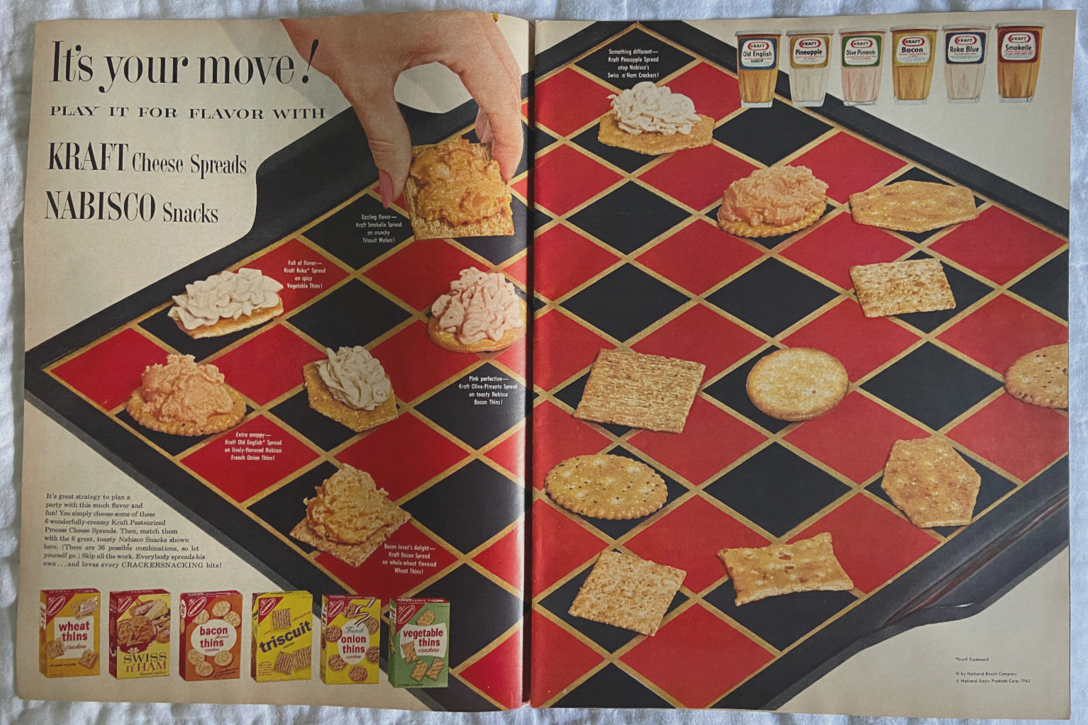 2 Pg Color 1962 14x21 Print Ad Kraft Cheese Spread Nabisco Crackers Chess Board