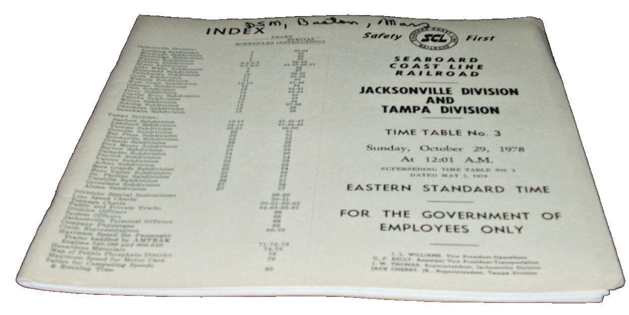 1978 SCL SEABOARD COAST LINE JACKSONVILLE TAMPA DIVISIONS EMPLOYEE TIMETABLE #3