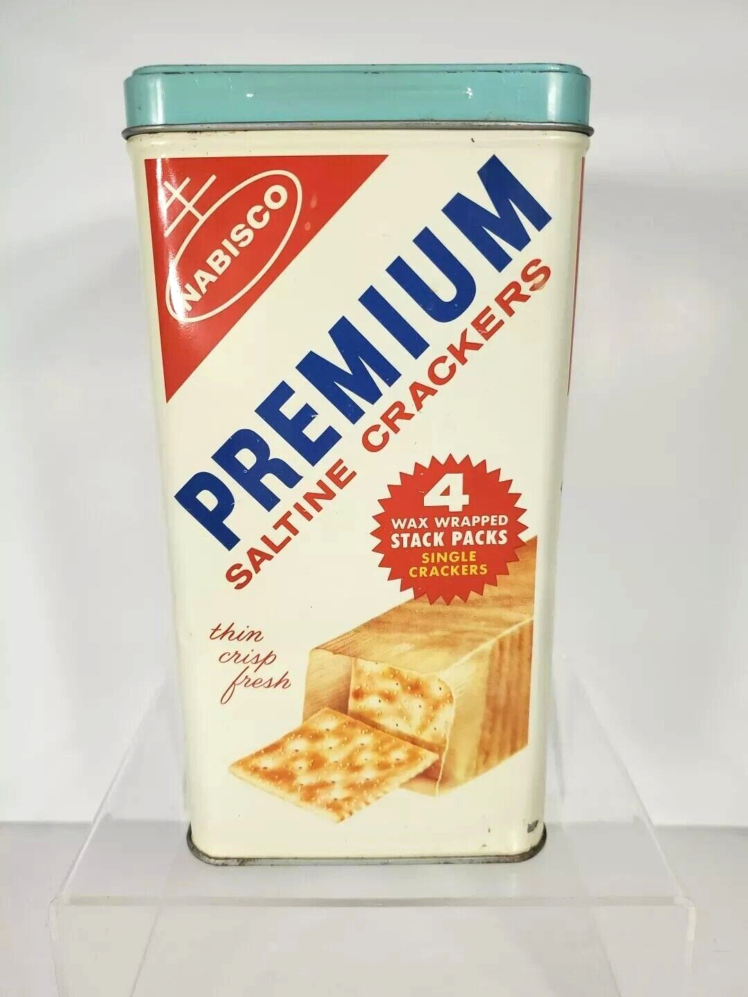 Vintage 1960s Nabisco Premium Saltine Crackers 14 oz Tin with Lid; Bright colors