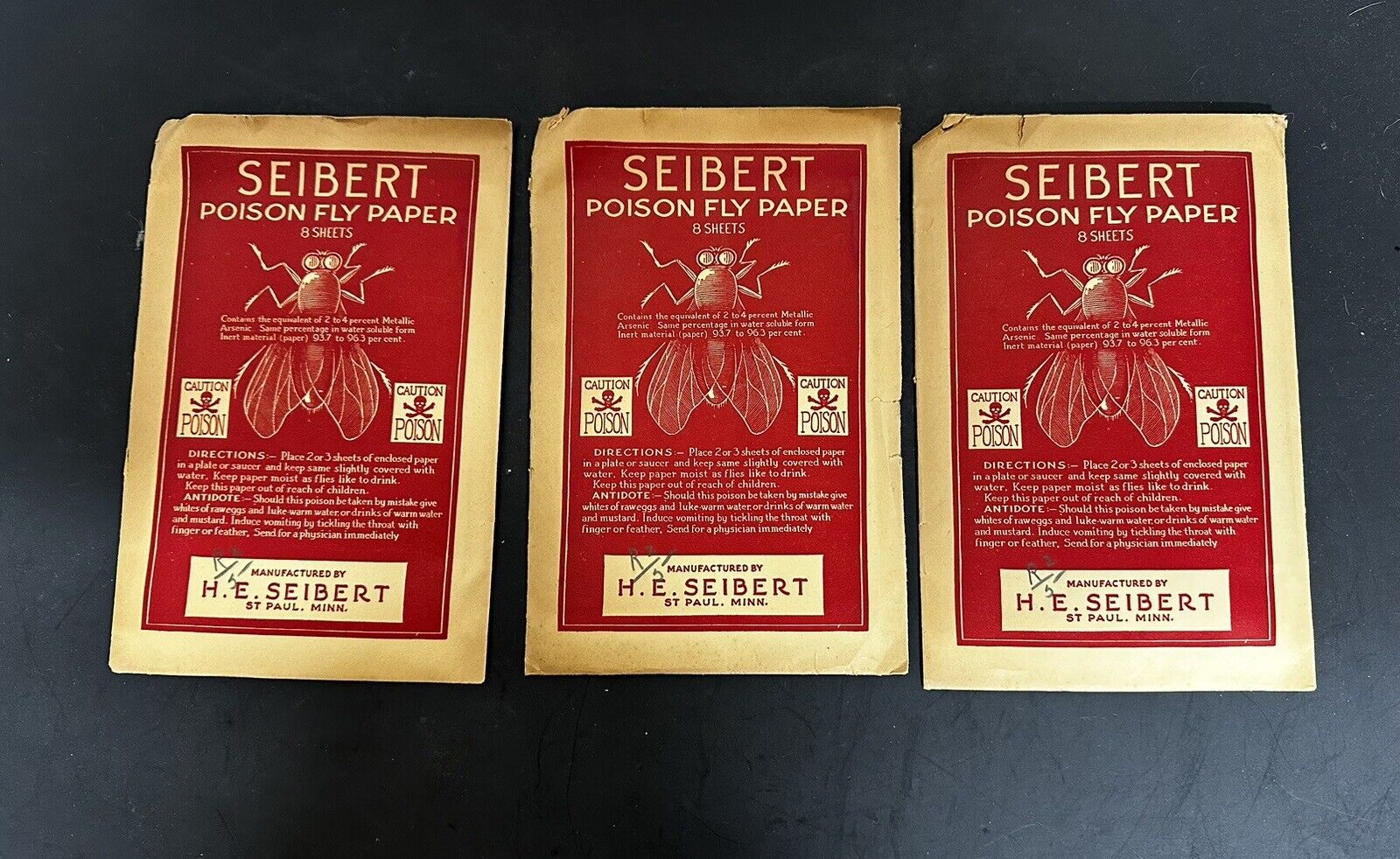 3 Packs, 1910s Seibert Poison Fly Bug Paper Crossbones St Paul Minnesota Package