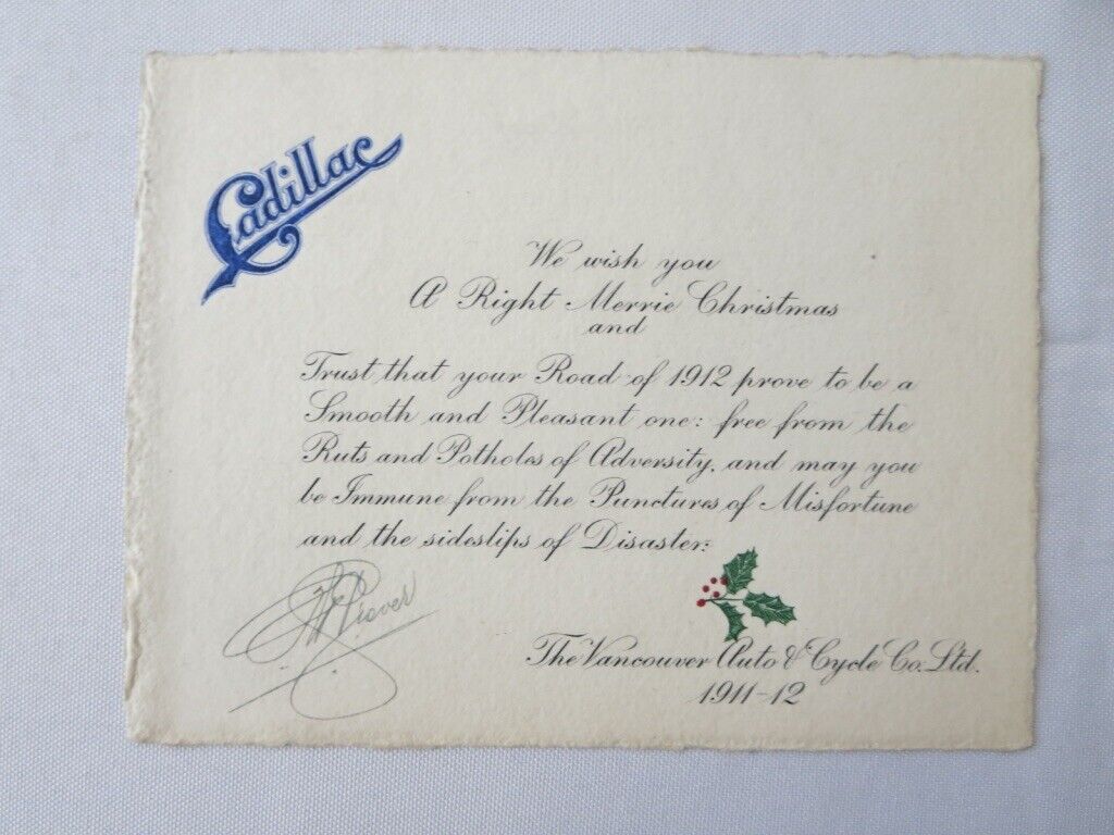 1911 - 1912 Cadillac Christmas Card Document Letter Vancouver Auto & Cycle Co