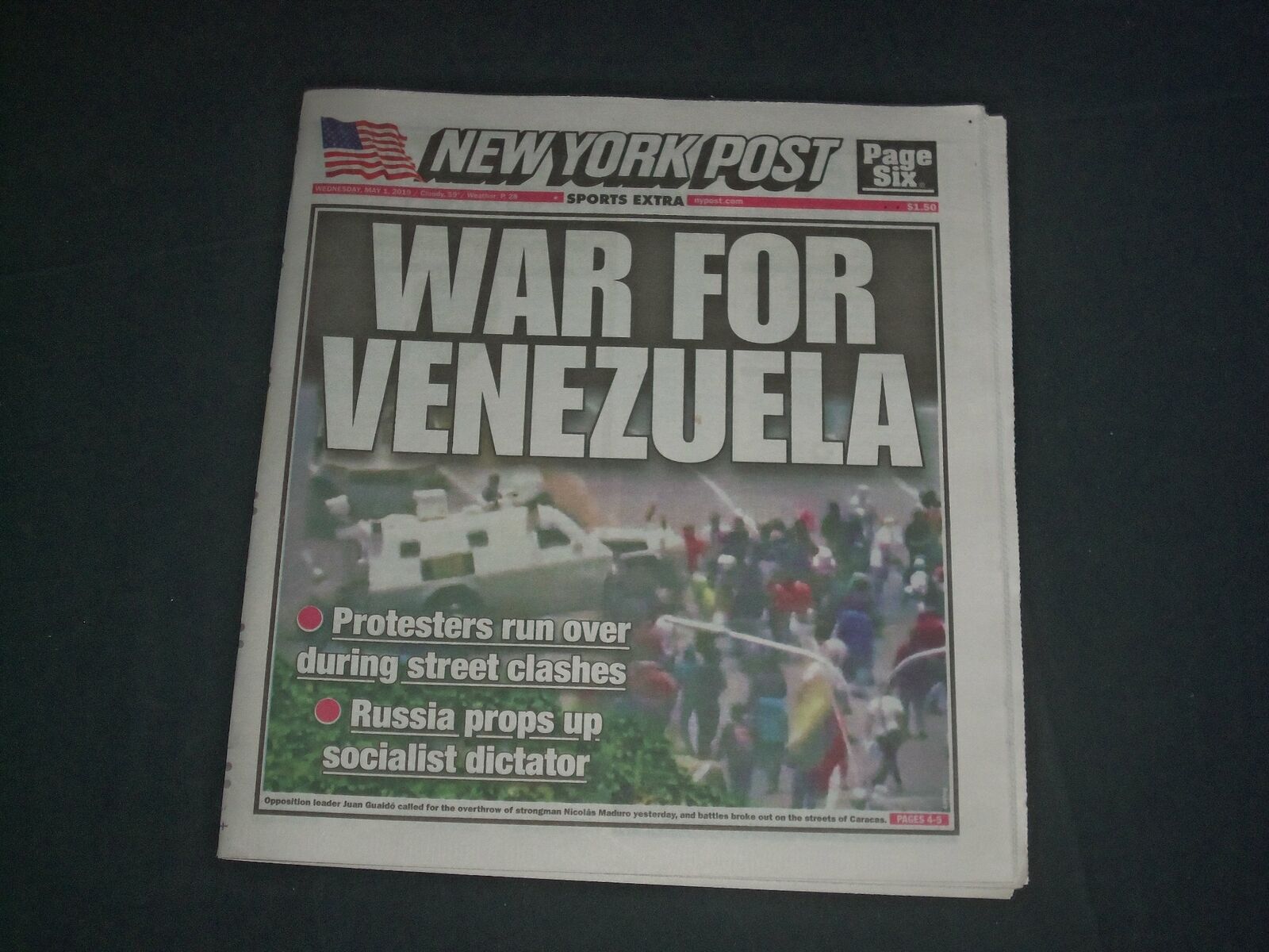 2019 MAY 1 NEW YORK POST NEWSPAPER - WAR FOR VENEZUELA - CC SABATHIA 3000 K'S