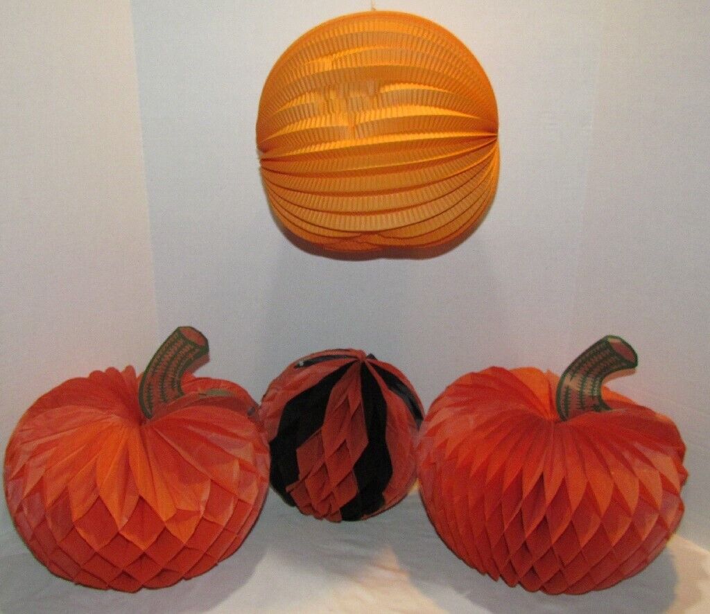  4 Vintage Halloween Honeycomb Decorations Pumpkins, Hanging Decorations