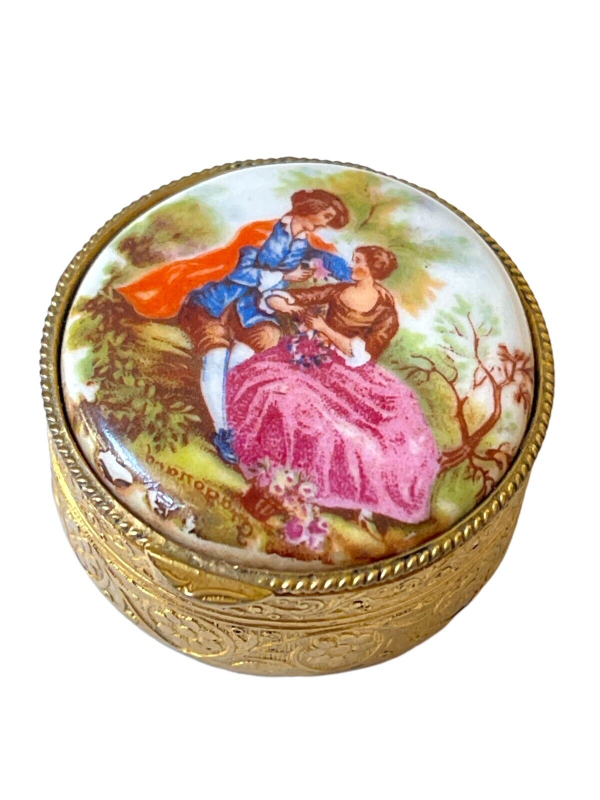 Vintage Trinket Box Porcelain Painting Transfer Courting Couple Pill Box