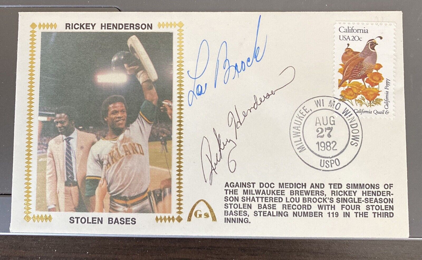 1982 Rickey Henderson / Lou Brock AUTO Signed Gateway Stamp FDC Autographed HOF