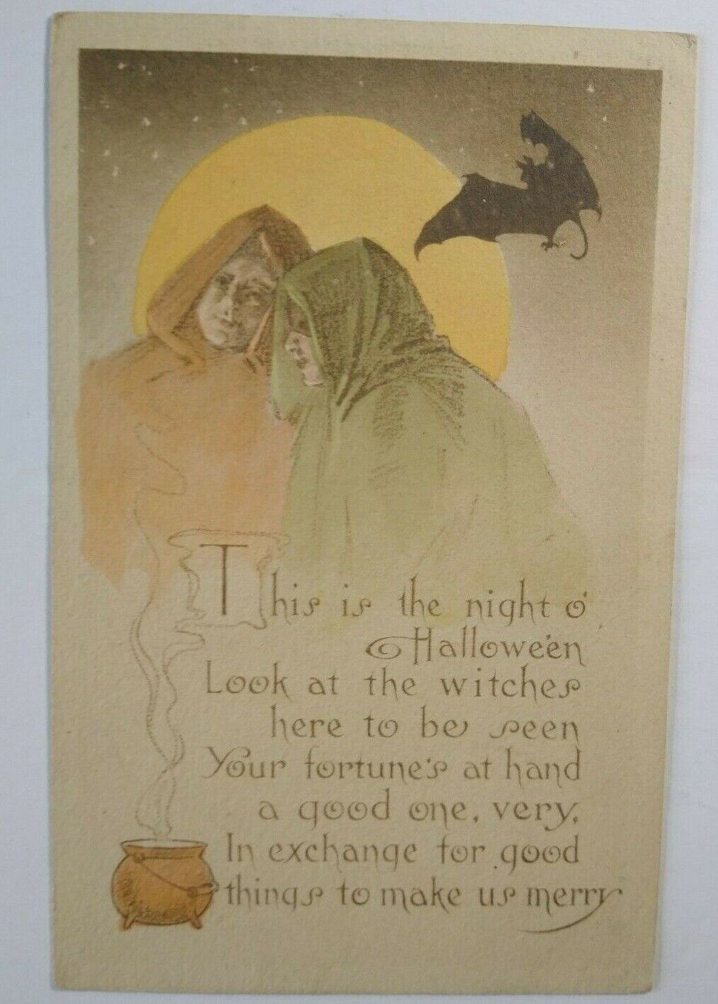 Halloween Postcard Kathryn Elliott Colorized Gibson Gothic Capes Moon Bat 1910