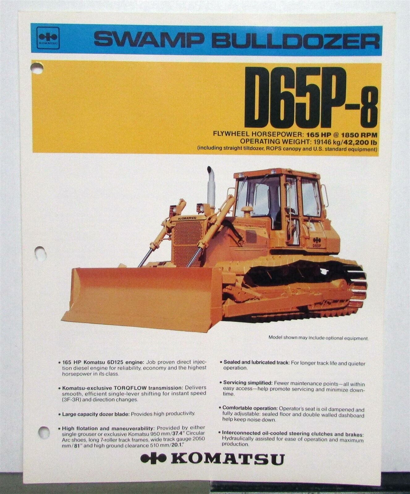 1980s Komatsu D65P-8 Swamp Bulldozer Specifications Construction Sales Brochure