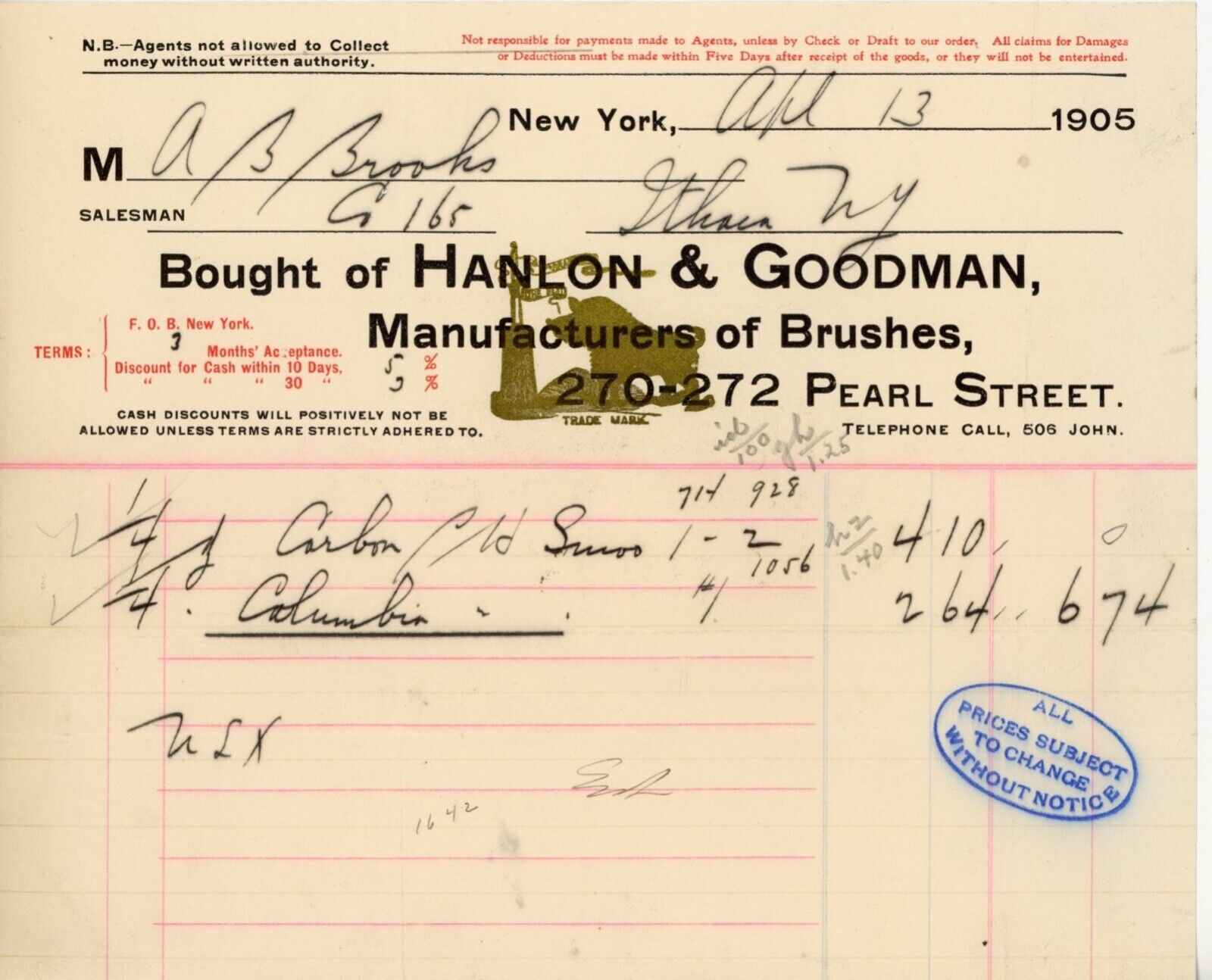 1905 Hanlon & Goodman Billhead New York NY Brush Manufacturer Brushes Boar Hair