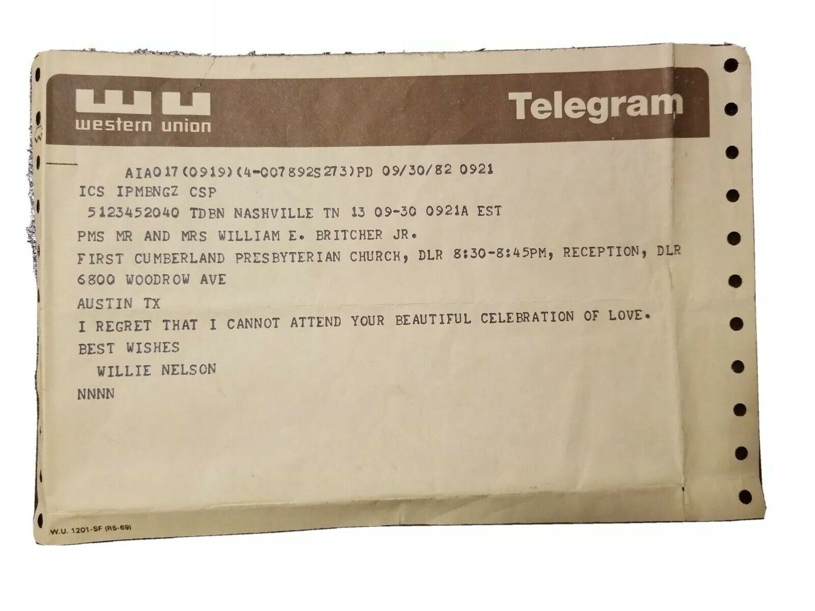 Rare 1982 Western Union Telegram from Willie Nelson - Personal and Authentic Mem