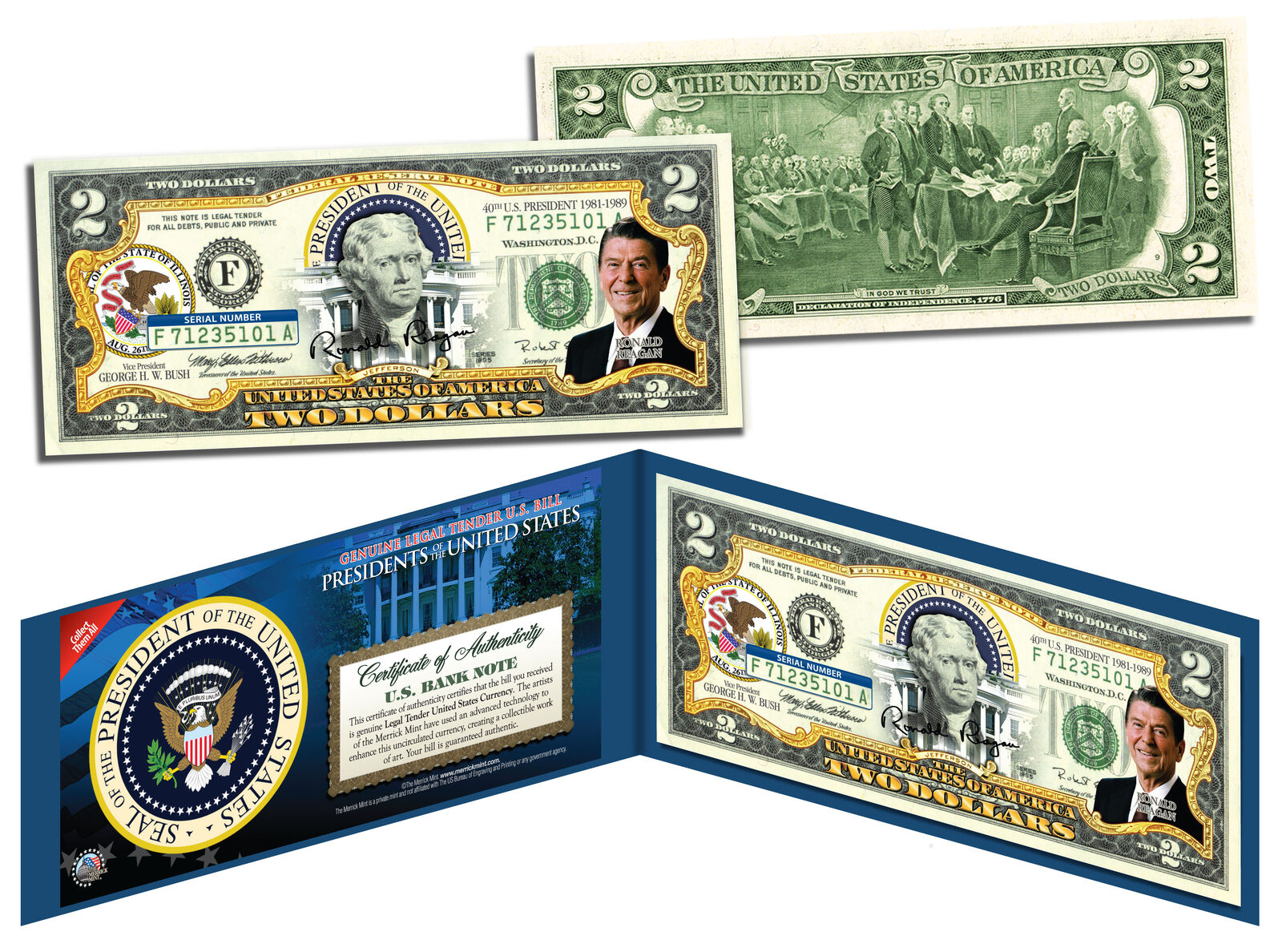 RONALD REAGAN * 40th U.S. President * Colorized $2 Bill US Genuine Legal Tender