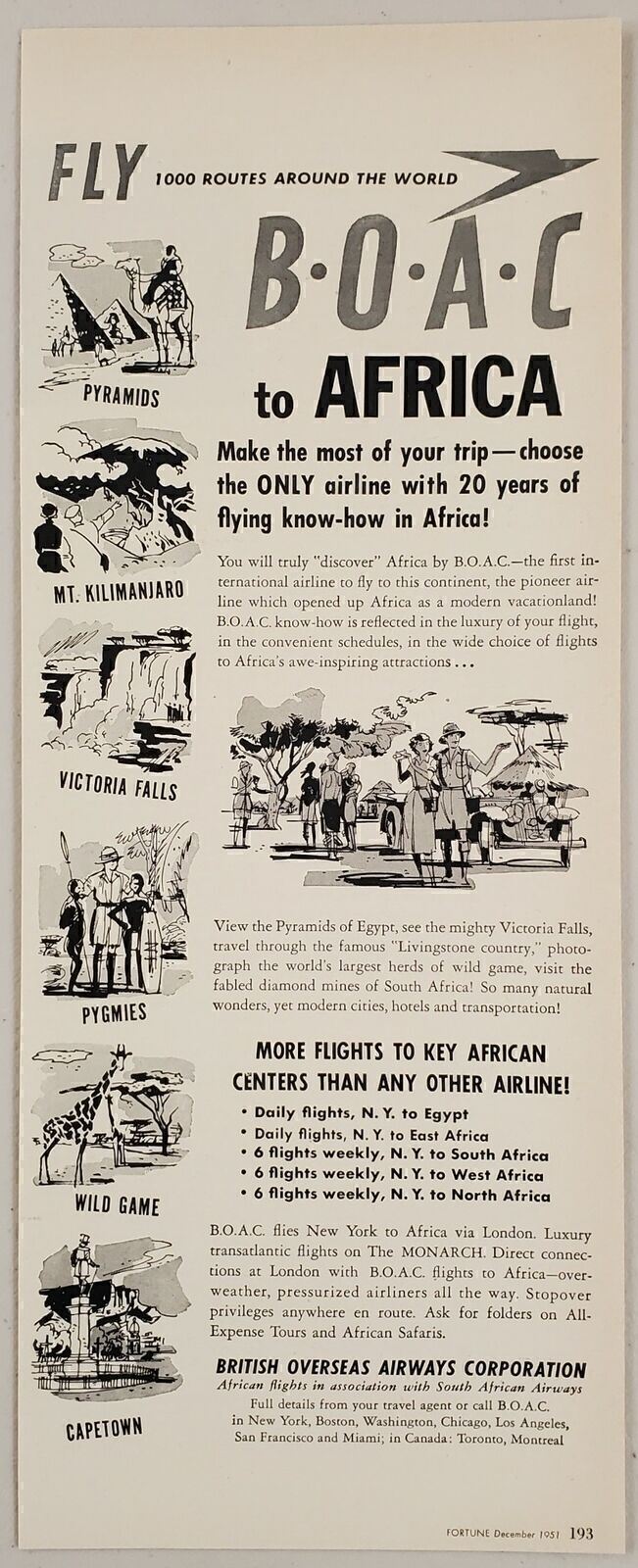 1951 Print Ad B.O.A.C. to Africa British Overseas Airways Pyramids,Wild Game