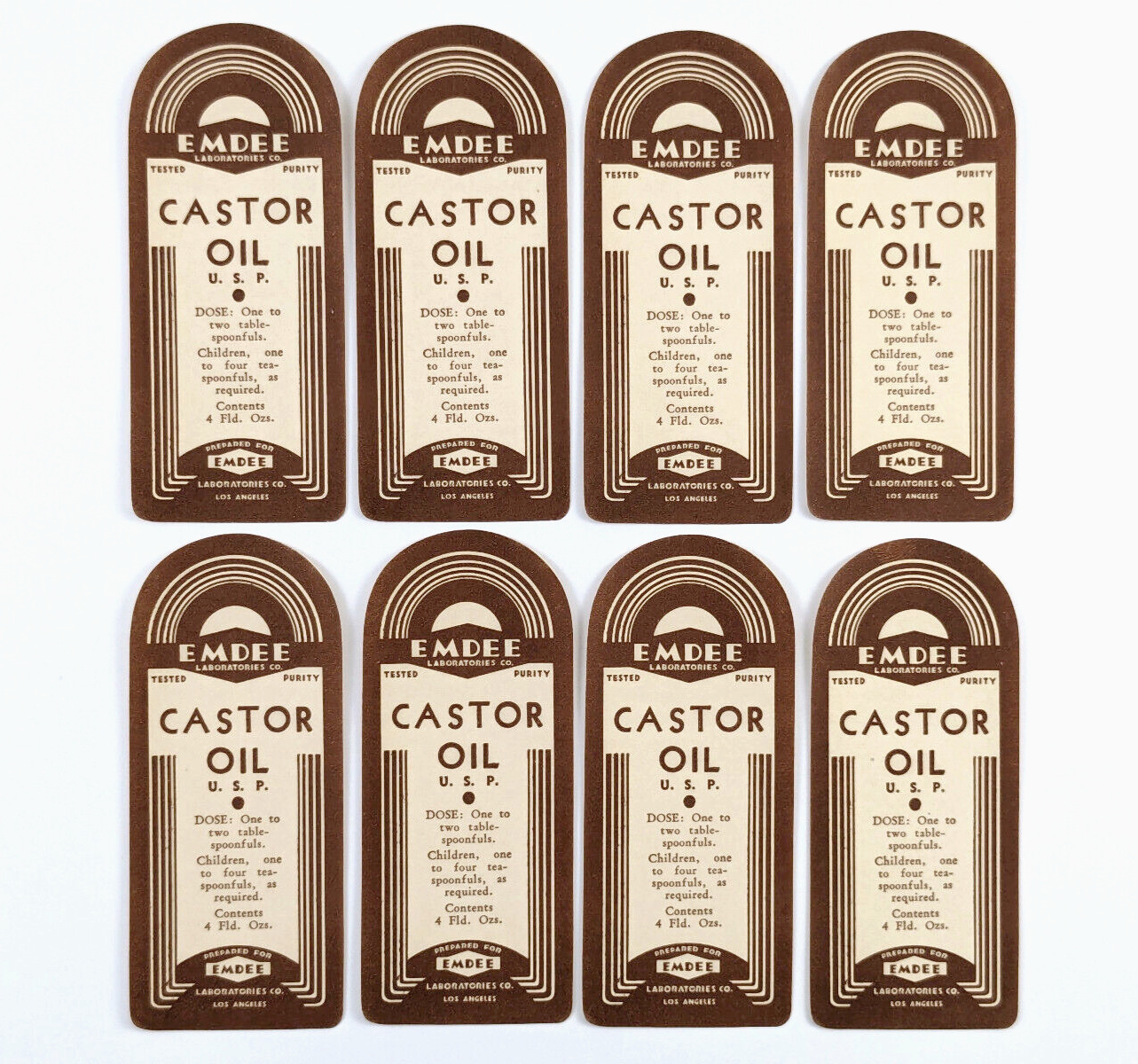 Lot 8 Vintage Product Labels Castor Oil Emdee Laboratories Los Angeles CA Unused