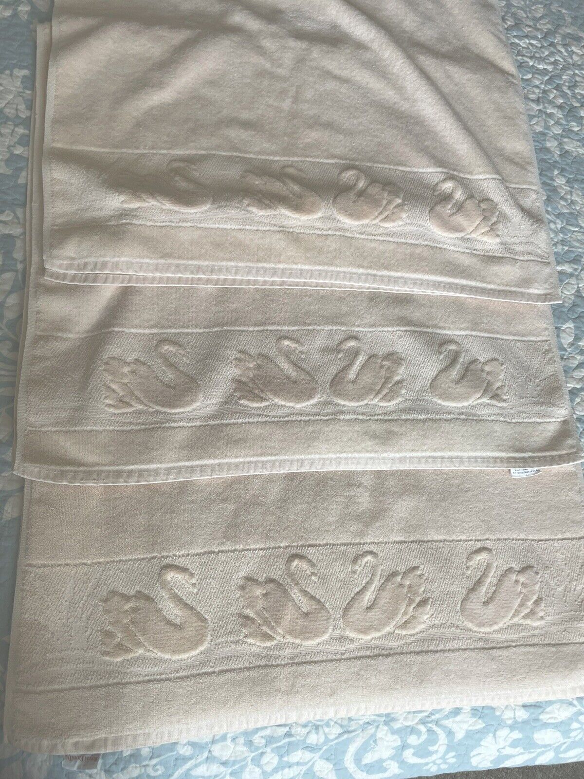 Lot of 3 Vintage Cannon Royal Family Bath Towels with Sculptured Swans Beige