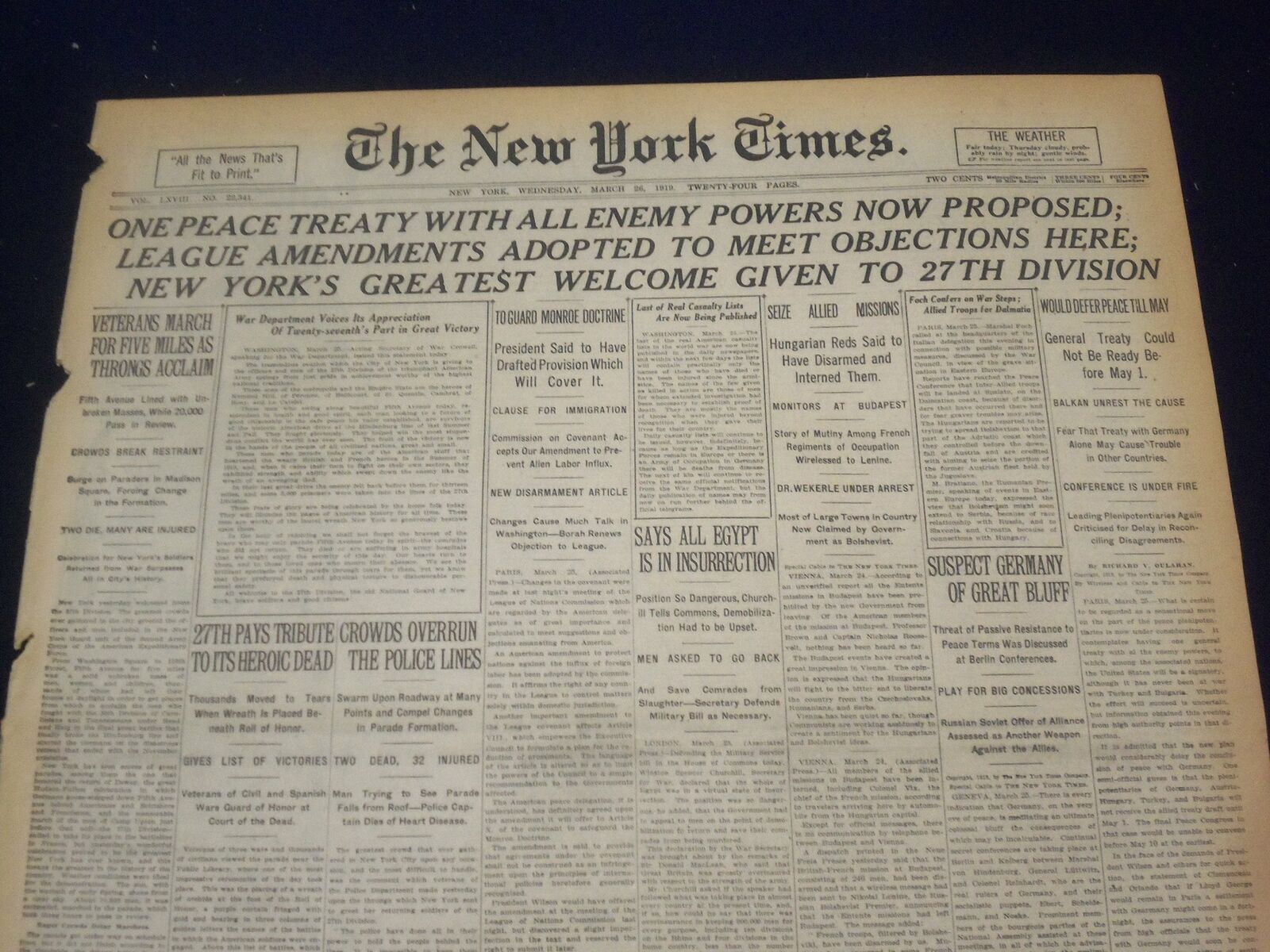 1919 MARCH 26 NEW YORK TIMES - GREATEST WELCOME GIVEN TO 27TH DIVISION - NT 9282