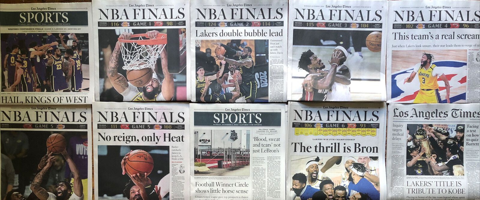Lakers 2020 NBA Champions Lot of 10 Los Angeles Times Newspapers 9/25 - 10/12