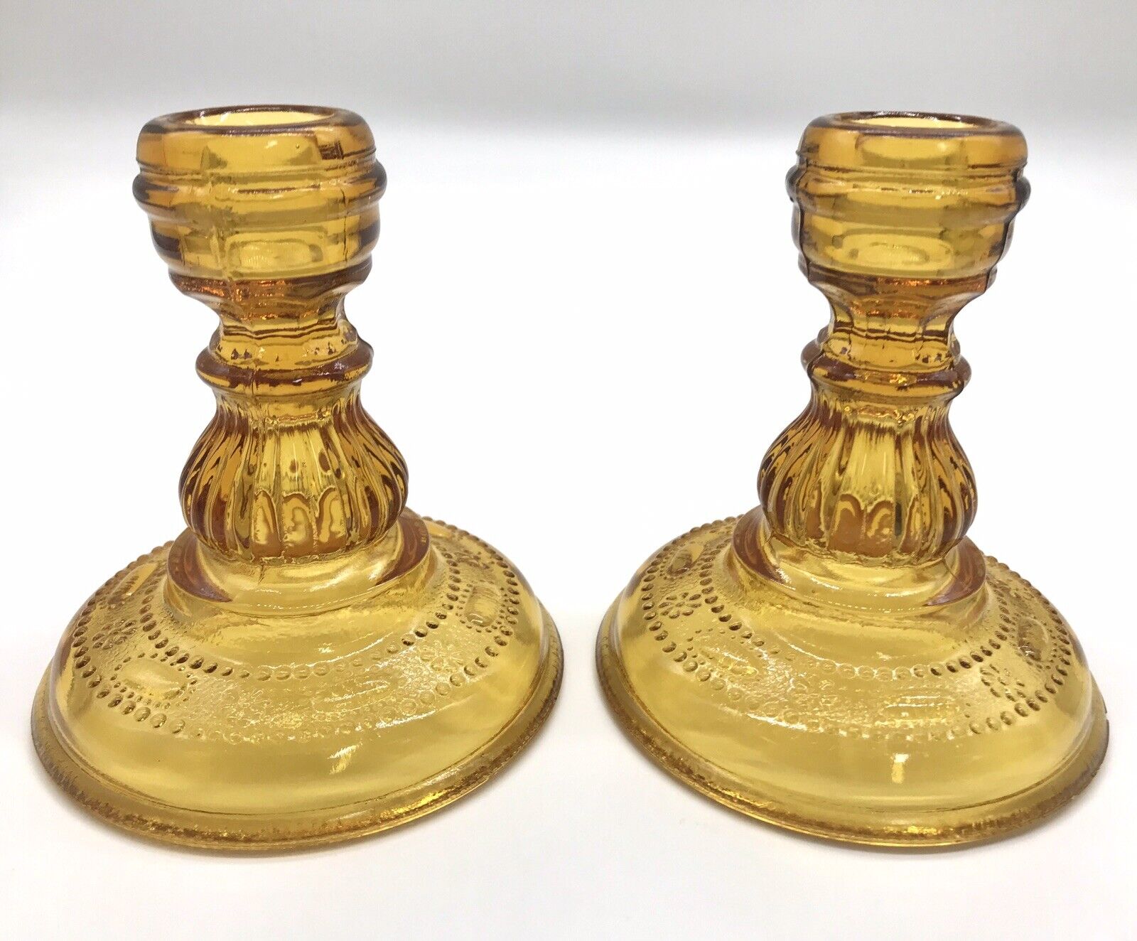 Pair of Vintage Amber Depression Glass Candlesticks Candle Holders Embossed
