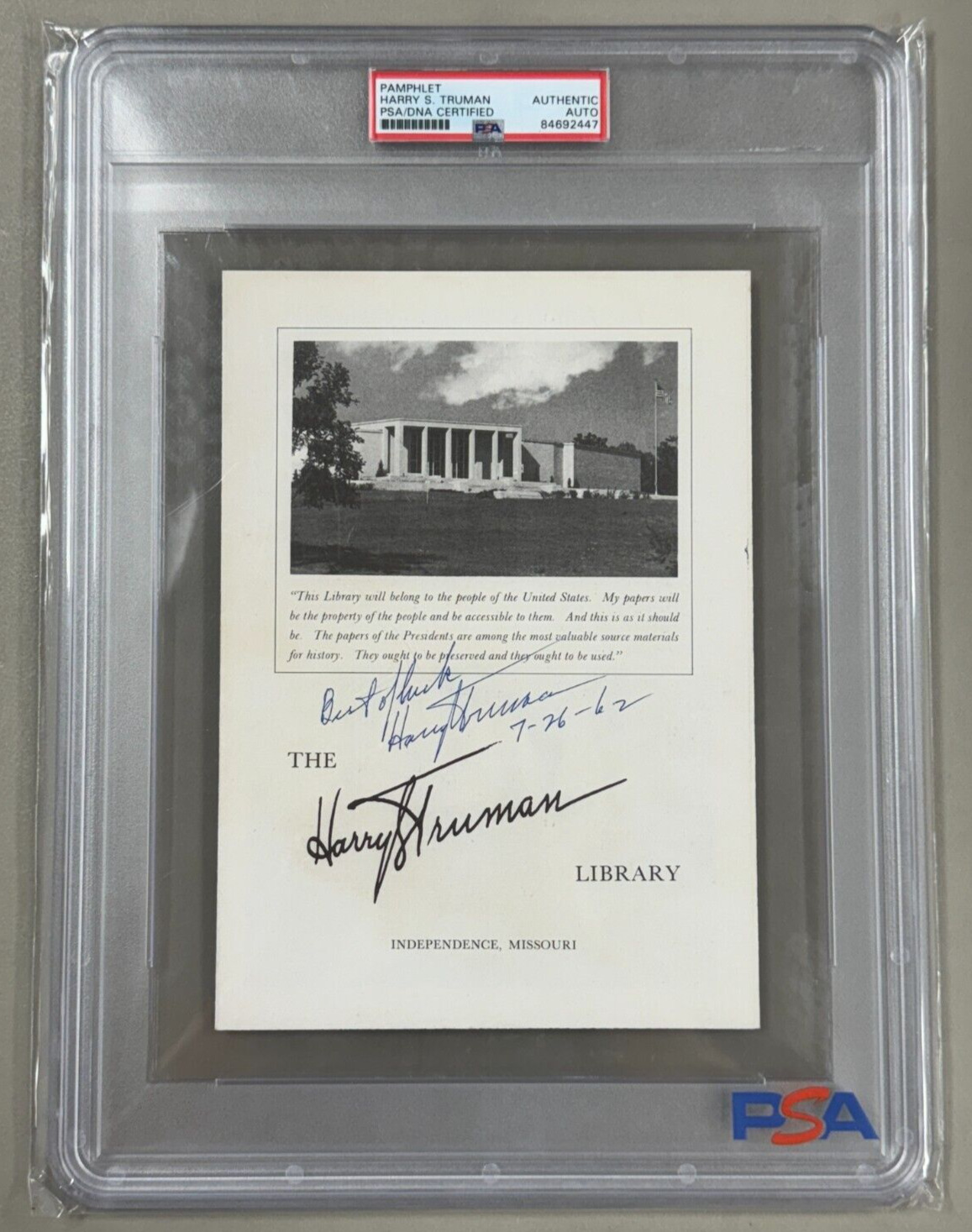 Harry S. Truman Library Pamphlet Signed Encapsulated PSA/DNA Authentic Autograph