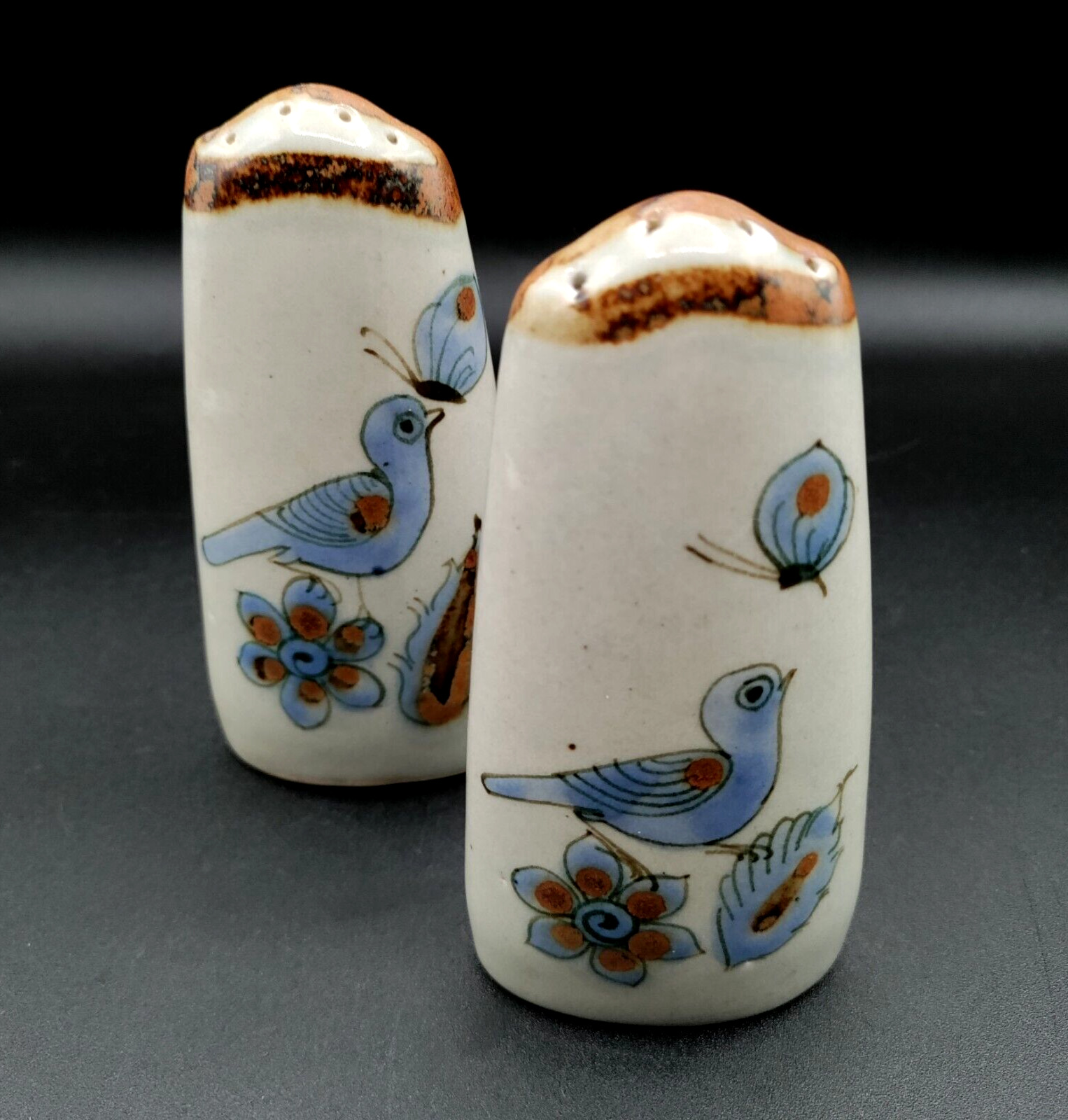 VTG Ken Edwards Tonala Mexican Pottery Salt Pepper Shakers Blue Bird Butterflies