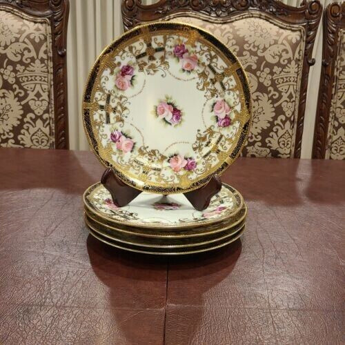 Antique Nippon Rose Set of 5 Plate Hand Painted Goldtone w/Ornate Filigree 7.5in