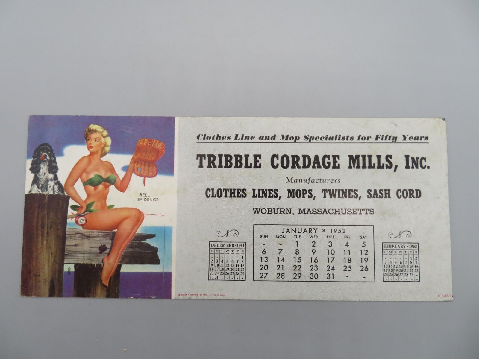 Vintage 1952 Tribble Cordage Mills, Inc. Ink Blotter Card Woburn, MA