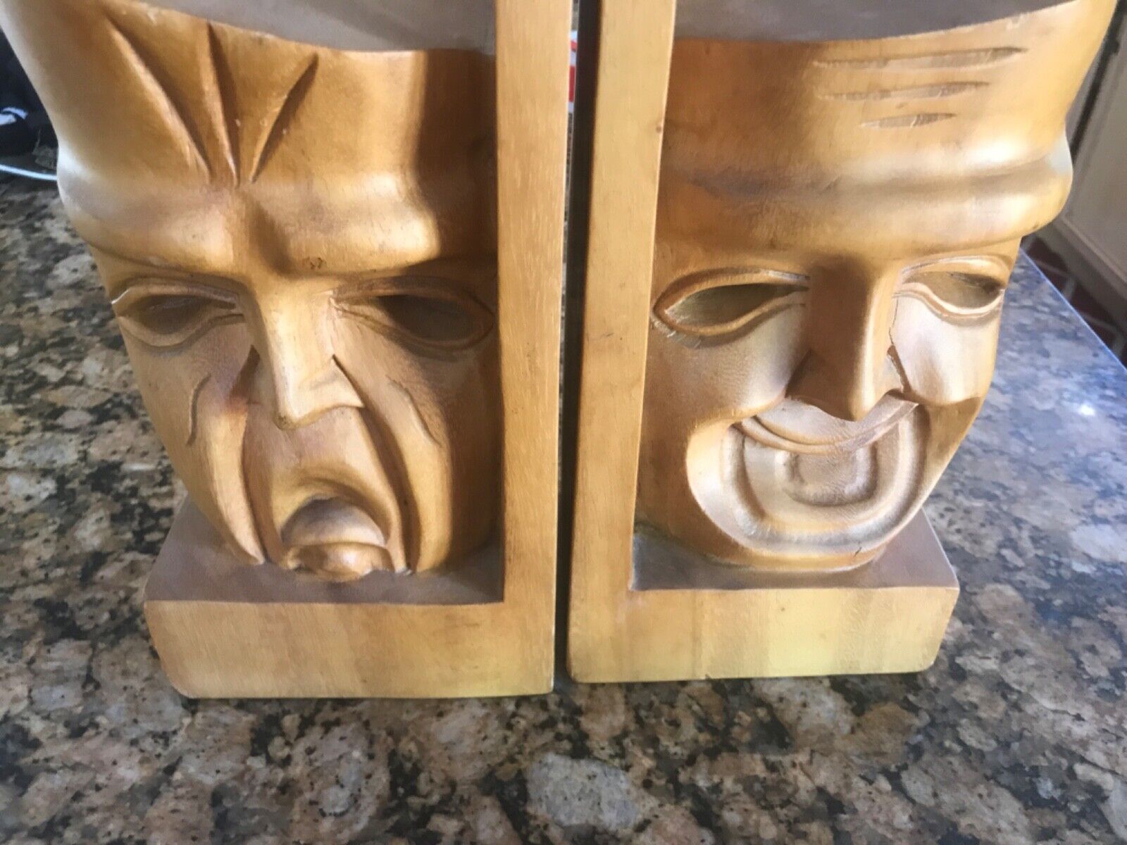 Rare Handcarved Mask Bookends Theatre Happy Sad Wood Mid Century 10\