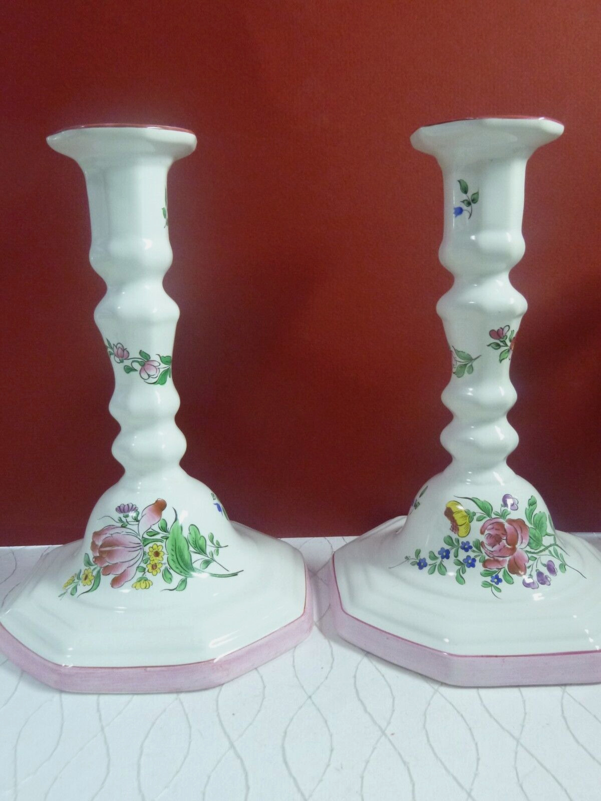 2 LARGE ANTIQUE K G LUNEVILLE OLD STRASBOURG FRENCH FAIENCE CANDLE HOLDERS 8.5\