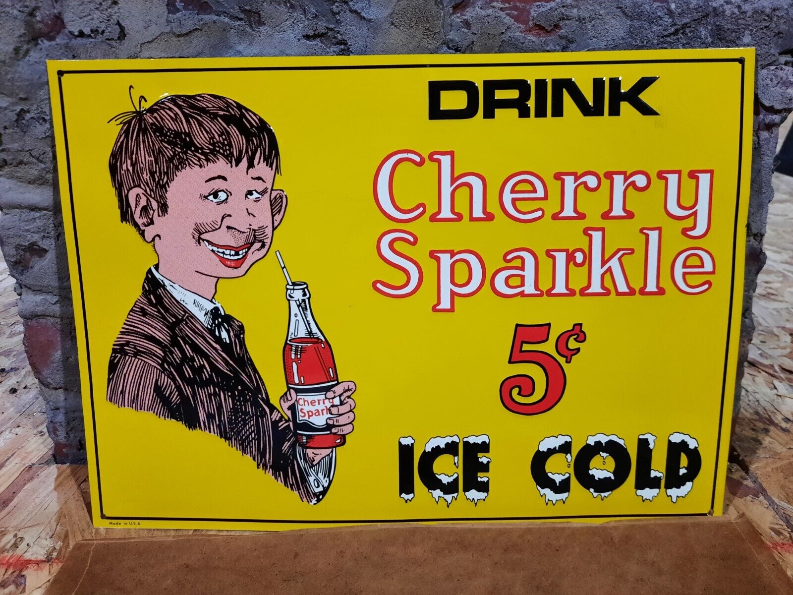 SCARCE NEW OLD STOCK NOS EMBOSSED CHERRY SPARKLE 5 CENT ICE COLD METAL SIGN