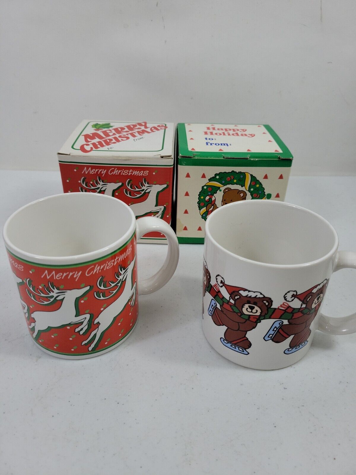 Vintage 1985 & 87 Christmas Mug Lot of 2 w/ Boxes Never Used Reindeer Bear Skate