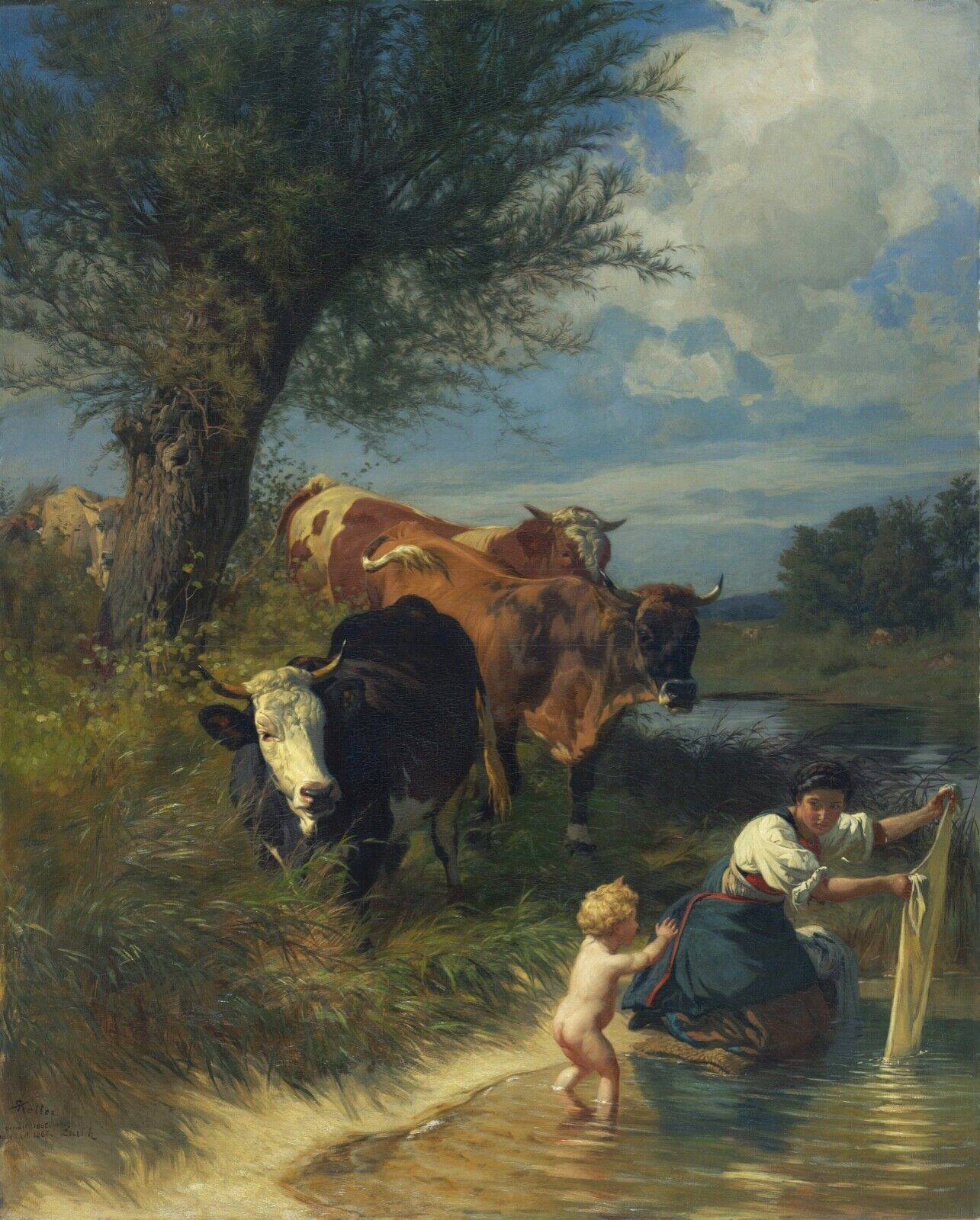 Cows and Washerwoman Near a Brook : Rudolf Koller : Archival Quality Art Print