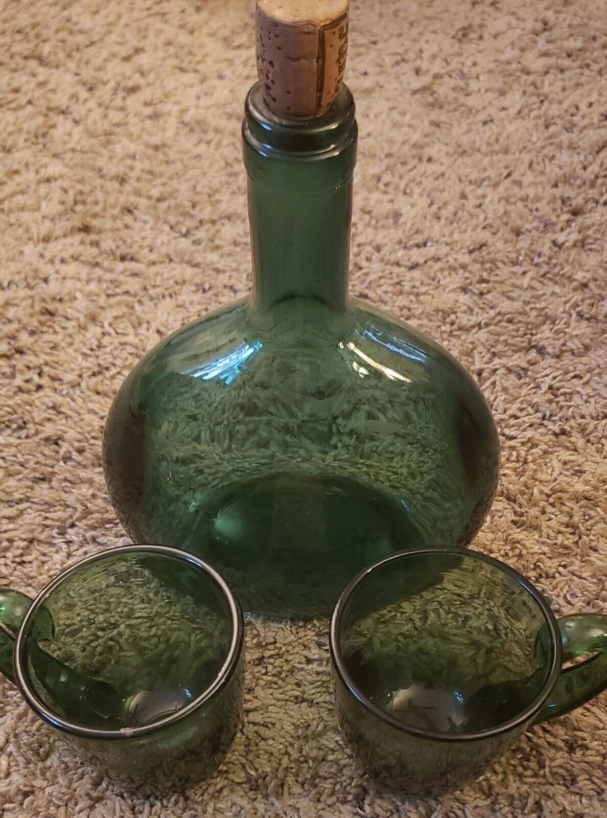 Vtg BOTTLE Apothecary or Wine Teal Green aling with two small concoction glasses