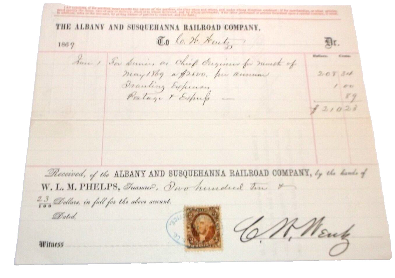1869 ALBANY & SUSQUEHANNA RAILROAD D&H VOUCHER PAYCHECK