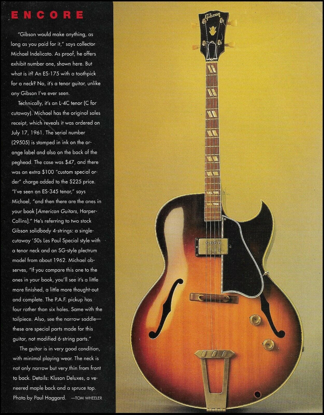 1961 Gibson L-4 cutaway tenor 1996 vintage L-4C guitar history article print