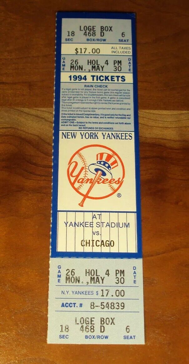 Dane Johnson MLB DEBUT Ticket 1994 MEMORIAL DAY White Sox @New York Yankees
