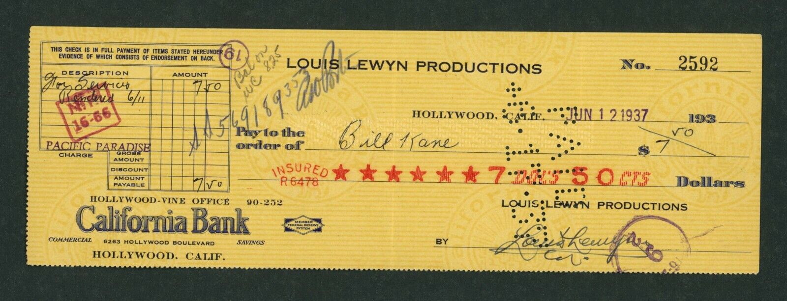 Louis Lewyn - Signed/Autographed Personal Check  (1937)