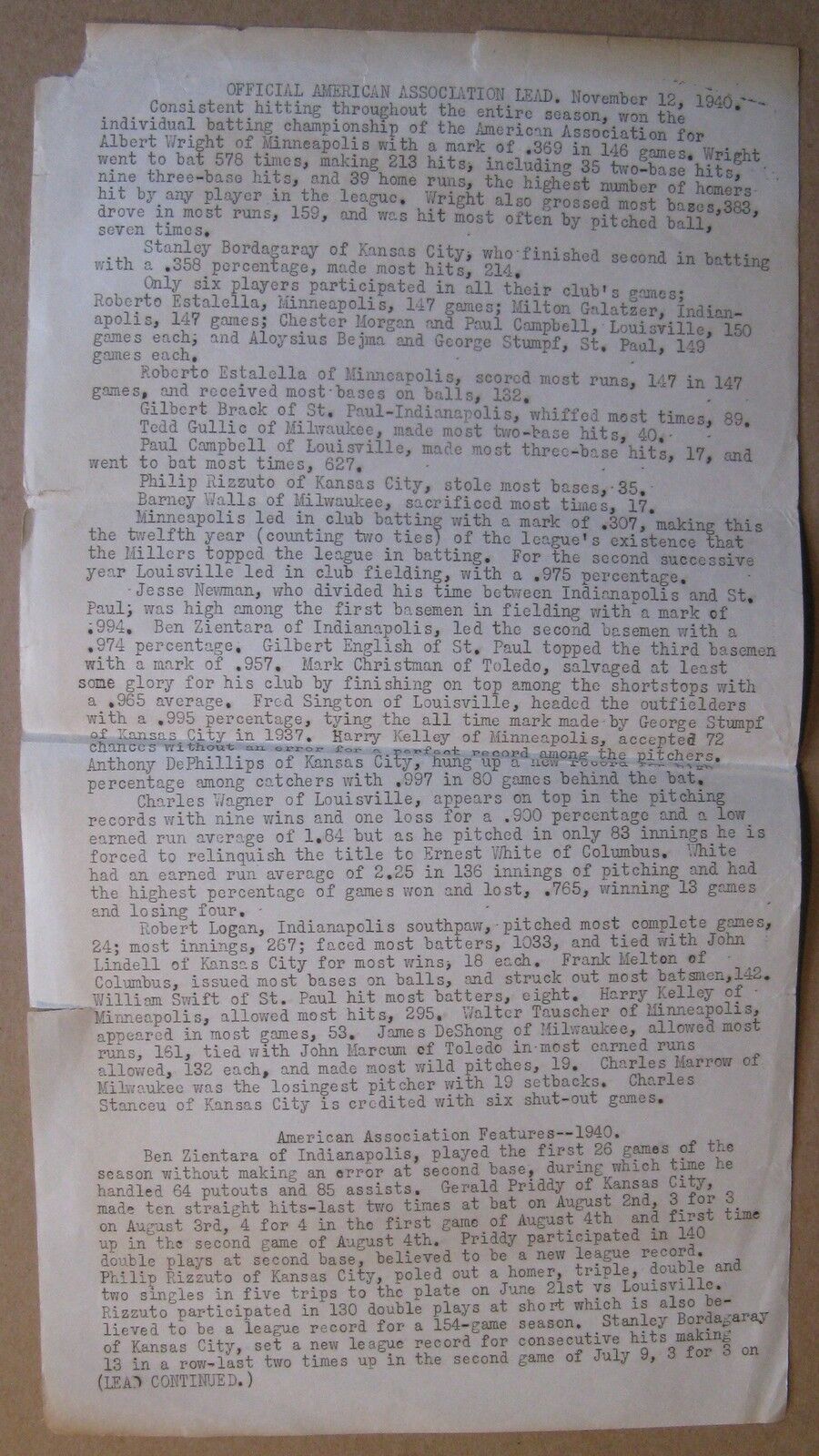 Nov 12, 1940 American Association Press Release (just 1st page) Phil Rizzuto + 
