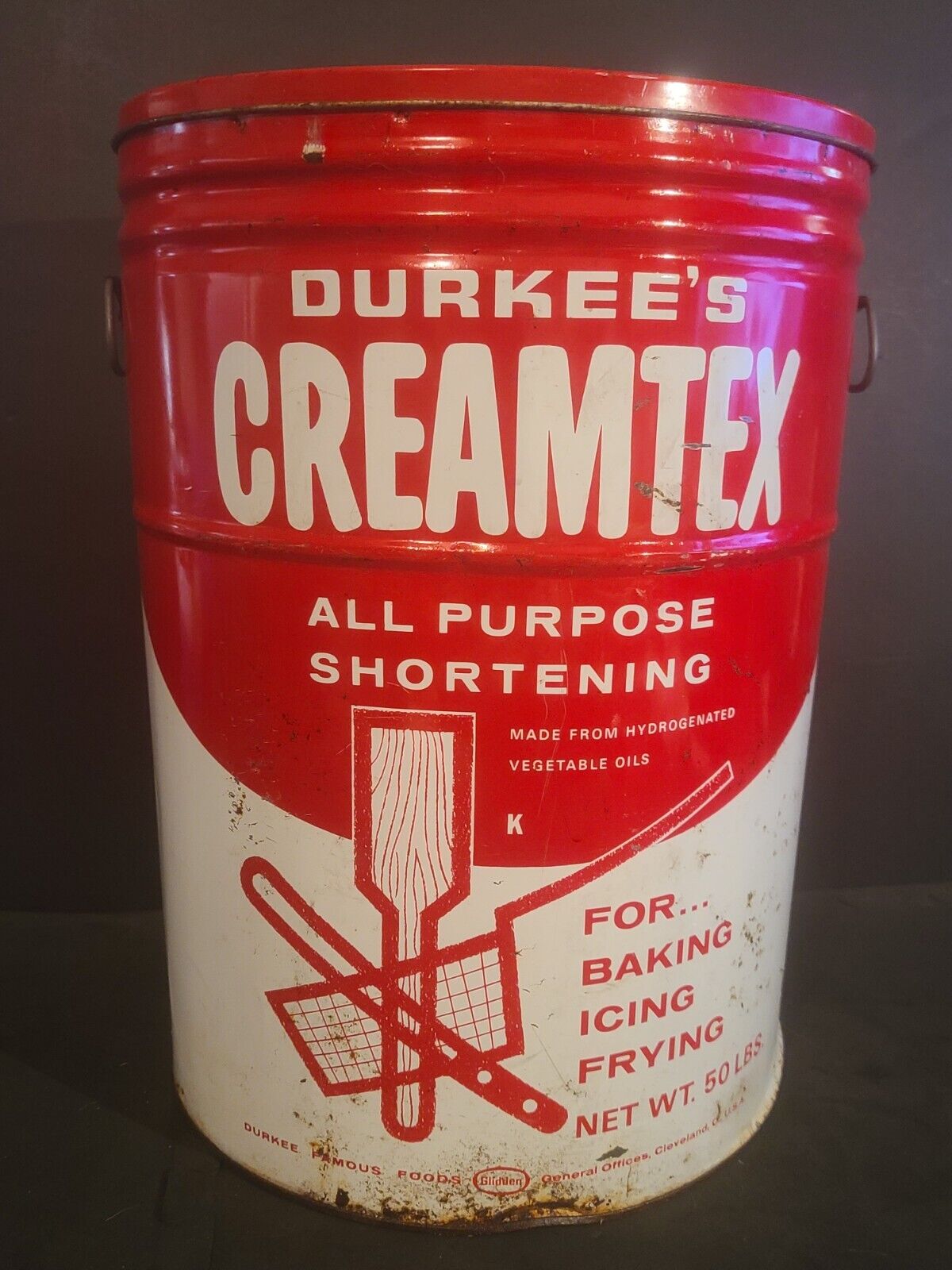 Vintage Durkee’s Creamtex 50# Shortening Can w/Lid & 2 Handles ~ Red Label Tin