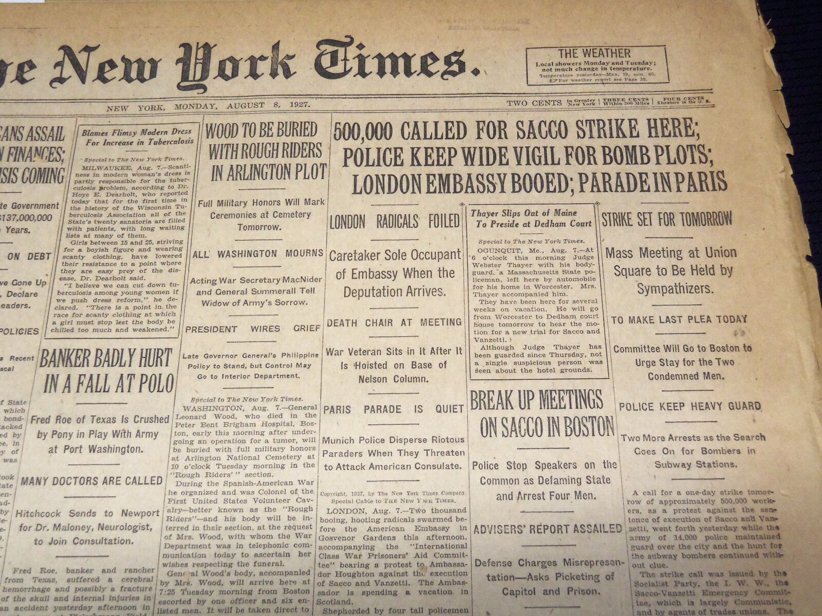 1927 AUGUST 8 NEW YORK TIMES - SACCO STRIKE HERE - RONARD WOOD DEAD - NT 9562