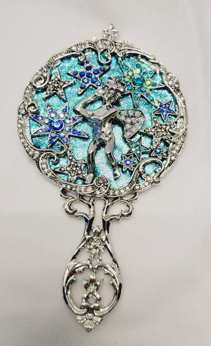 Kirks Folly Angel Crystals Hand Mirror Beautiful Vintage Silvertone