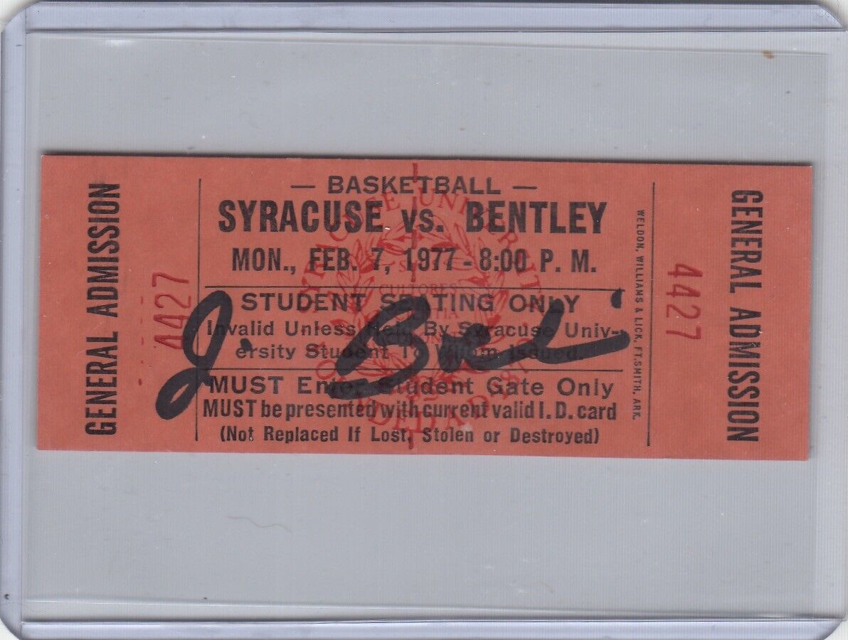 1977 Bentley at Syracuse basketball ticket stub with Jim Boeheim autograph