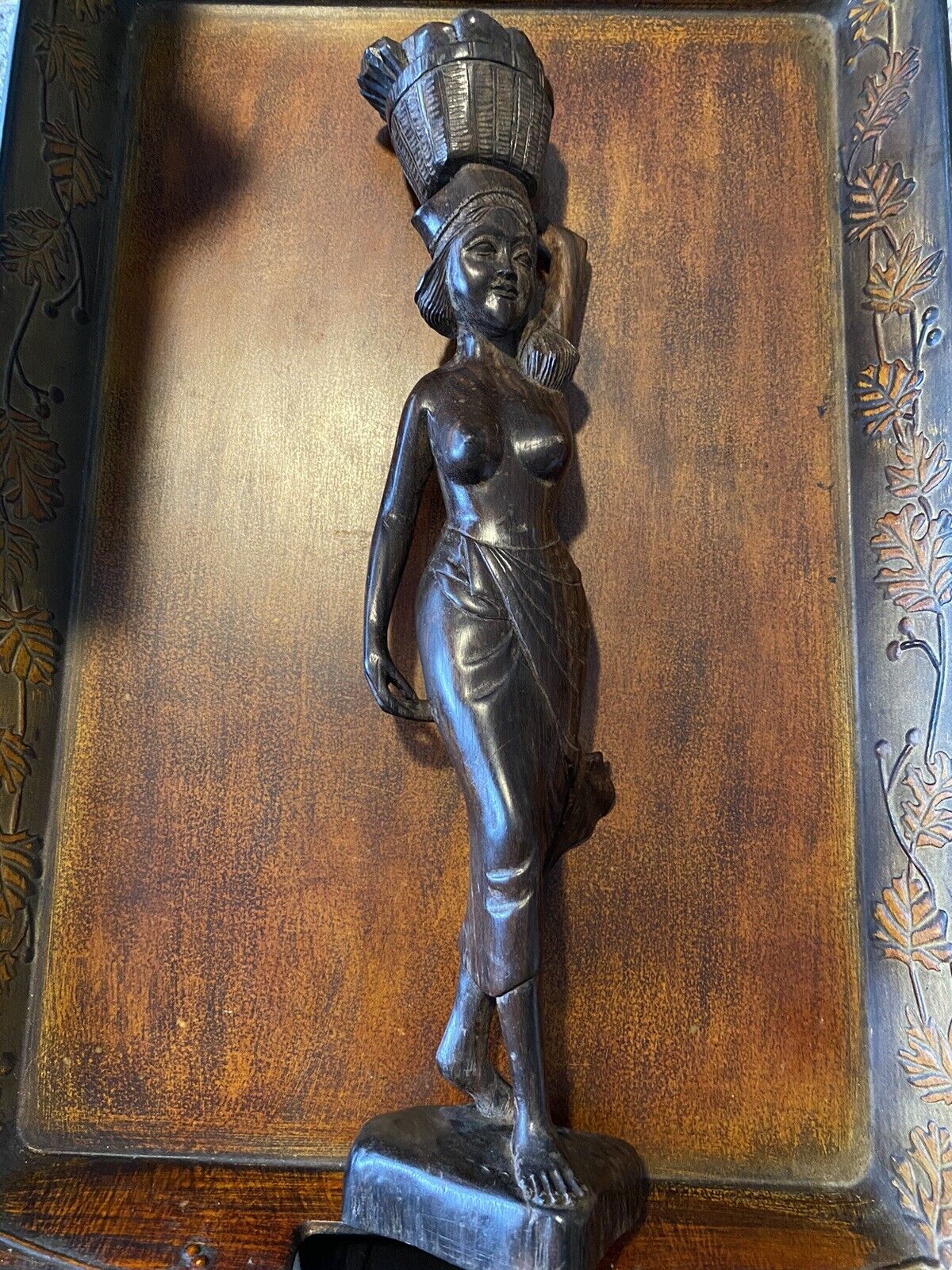 Beautiful Vintage Indonesian Hand Carved Woman With Basket