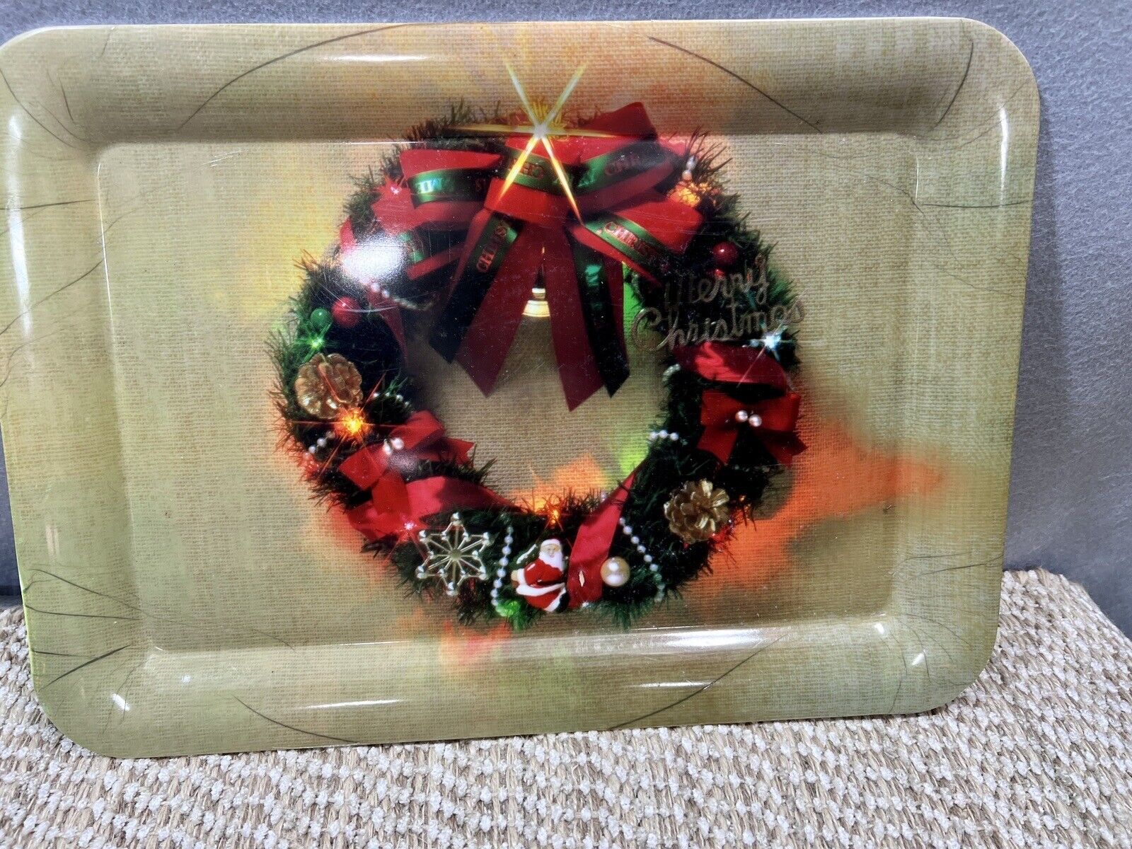 Vintage Holiday  Christmas Wreath Serving Tray Platter Large 16.5x11.5”