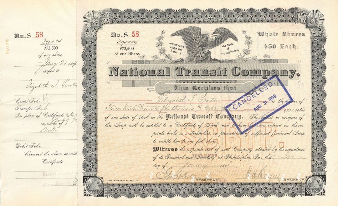 National Transit Co. Signed by H.H. Rogers - Stock Certificate - Autographed Sto