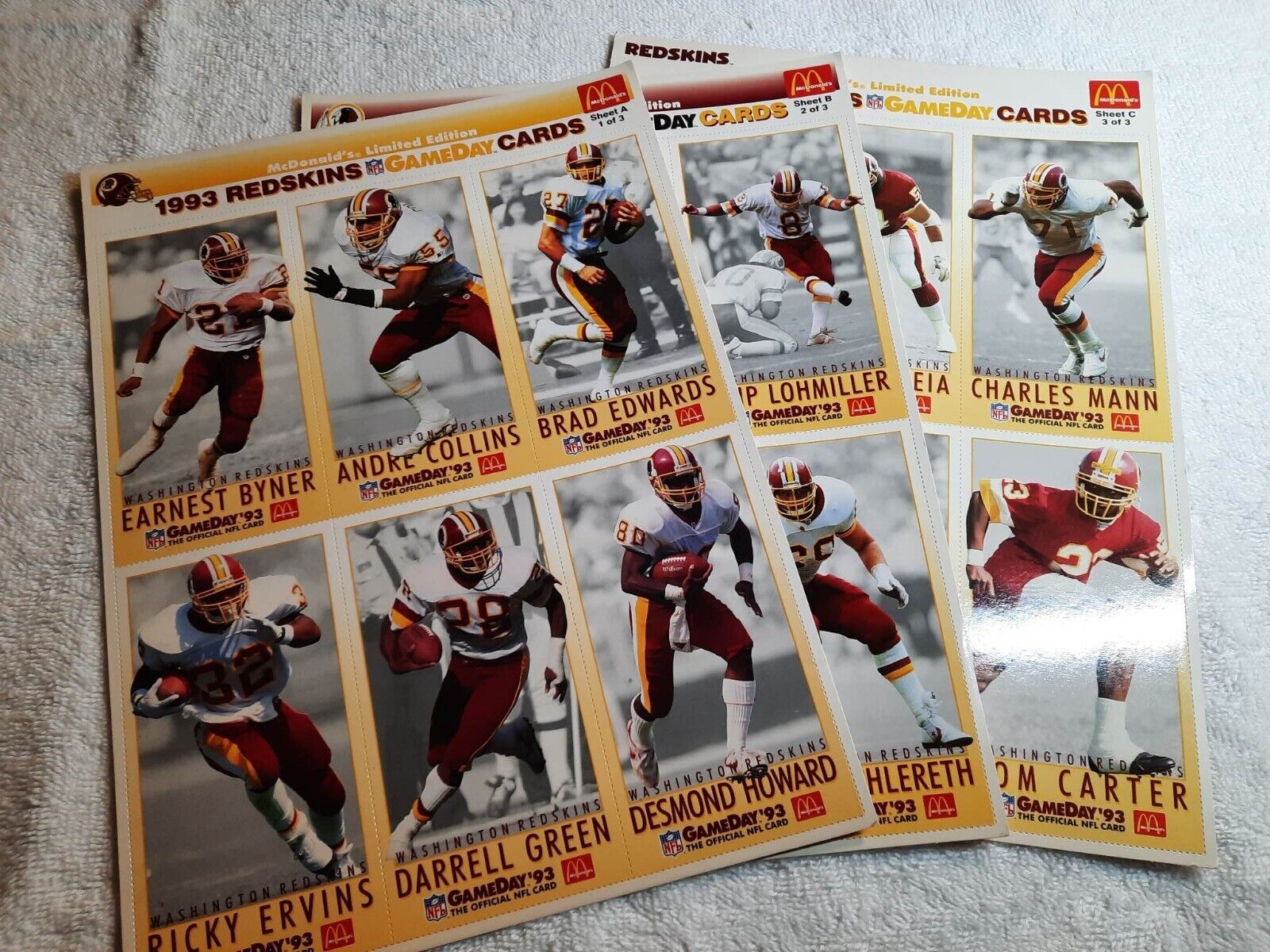 1993 McDonald\'s Limited Edition- Redskins Game Day Cards-- 3 sheets