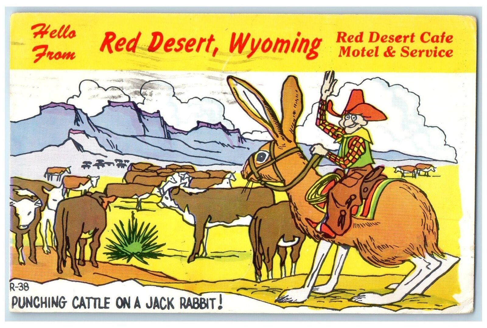 1962 Hello From Red Desert Wyoming WY Posted Exaggerated Riding Rabbit Postcard