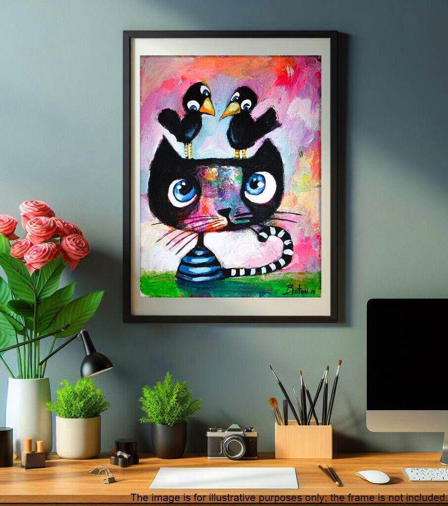 Cat & Birds, Abstract Beautiful Fine  Art Print,  USA + FREE GIFT 