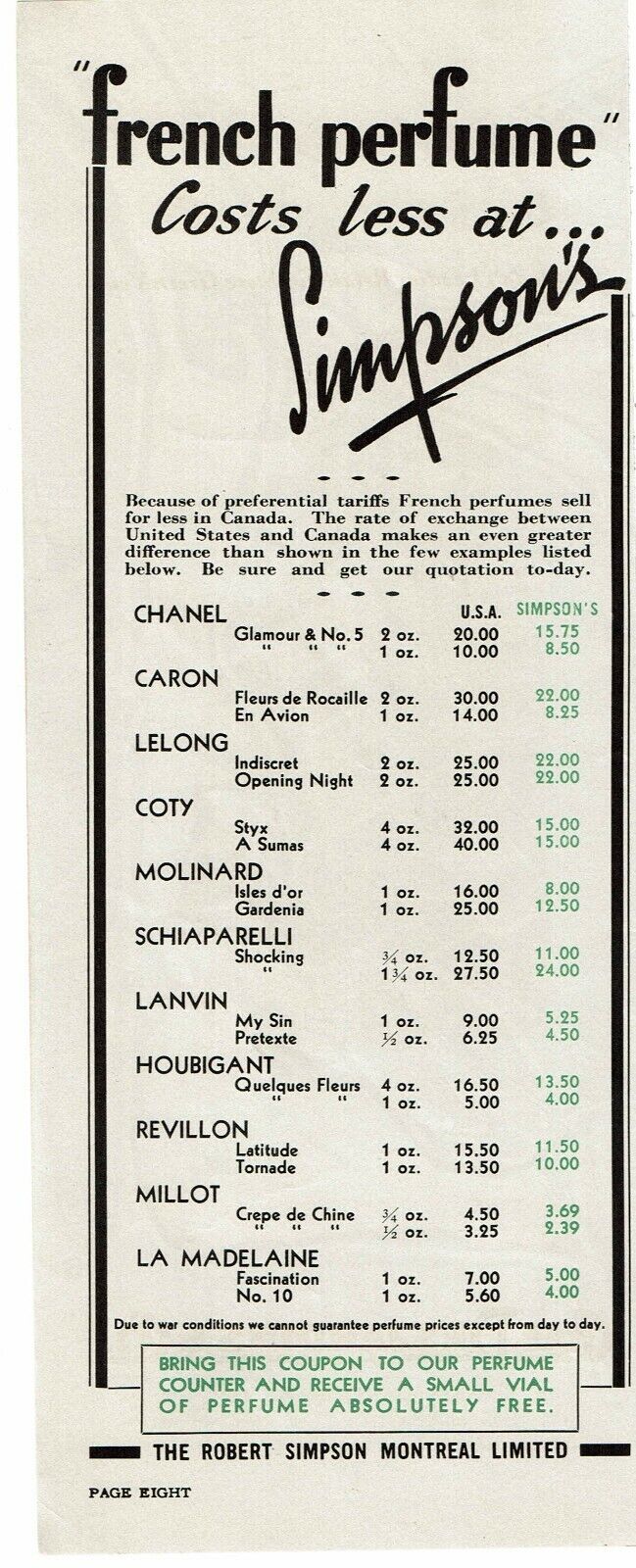 1940 Simpson\'s Vintage PRINT AD Canada French perfume retail prices comparisons