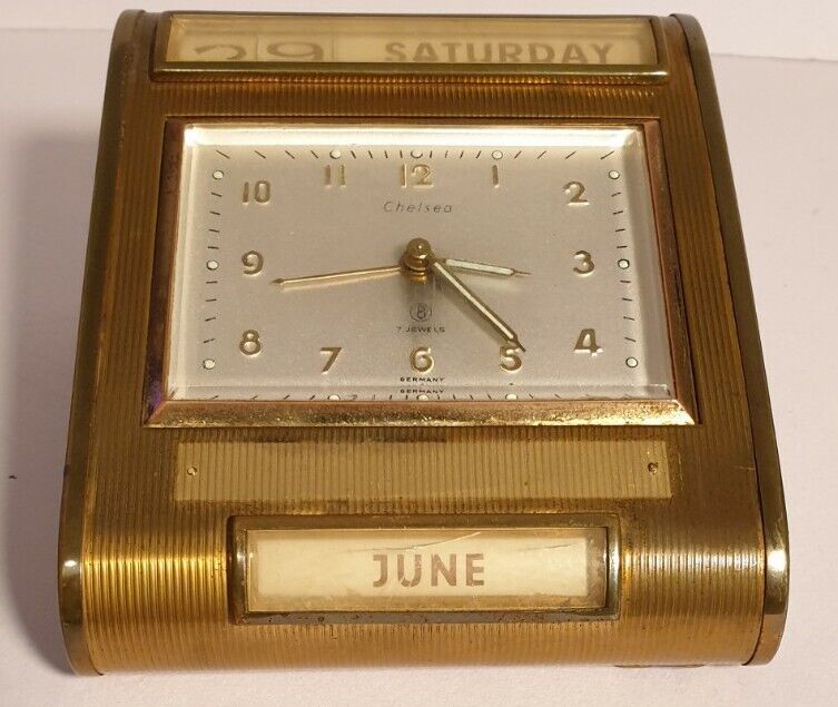 Chelsea Vintage Brass Desk Clock with Calendar Tested and Working Made Germany