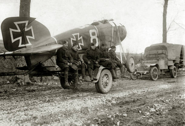 France Men Royal Air Force pose with a captured German Albatross a- Old Photo