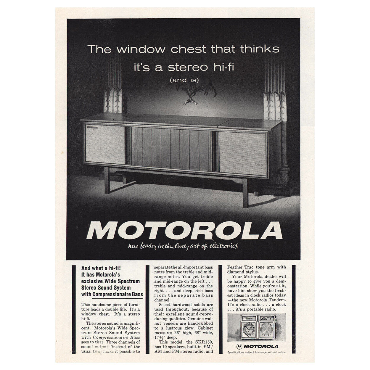 1963 Motorola: Window Chest Thinks Its Stereo Hi Fi Vintage Print Ad